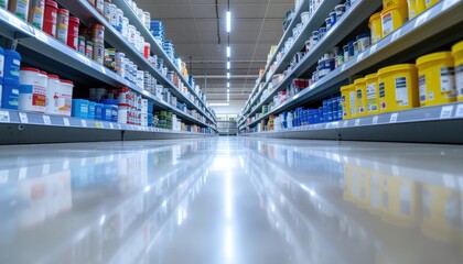 Wide aisle of grocery store with various product shelves in view