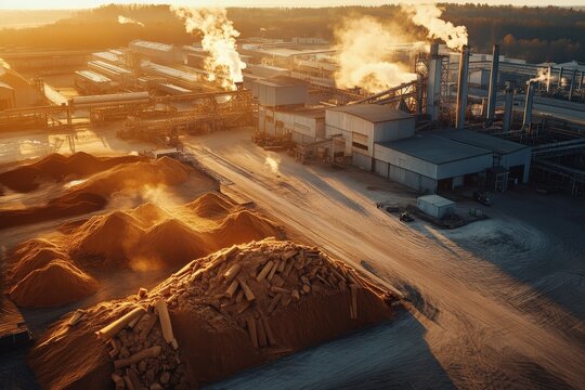 Aerial view of industrial facility with smoke and wood piles at sunset - Powered by Adobe