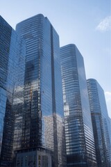 Fototapeta premium Looking up at modern blue glass skyscrapers in central Business District on a bright day in China