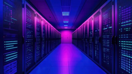 Futuristic data center corridor with vibrant neon lighting and server racks