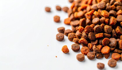 Close up view of small brown dog food kibble on white background