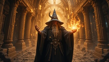 Naklejka premium In the great hall of the ruined castle, a wizard with a long beard and a hooded robe raised his magic wand, which crackled with blue energy. The crystal tip of the wand radiated powerful energy.