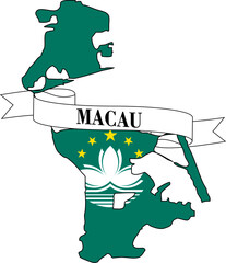 The map of Macau overlaid with the flag of Macau and its name written on a ribbon