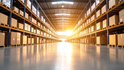 Brightly lit warehouse interior with shelves full of cardboard boxes