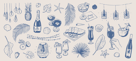 Summer beach party doodle elements. Summer lights, boho garland. Holiday drawings. Hand drawn illustration of drinks, cocktails, palm leaves, shells and fruits isolated. Graphic sketches background.