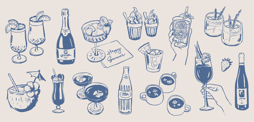 Summer party cocktails and drinks doodles. Holiday elements. Beverages drawings. Hand drawn illustration of glasses, goblets with fruits. Bottle sketches isolated. Graphic background.