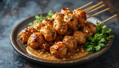 Delicious chicken satay with spicy mayonnaise sauce, perfect for a satisfying lunch or dinner.