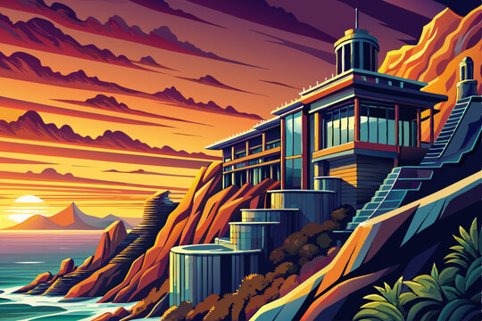 Queenslander style architecture vector with amazing oceans views at dusk illustration