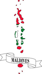 The map of Maldives overlaid with the Maldivian flag and its name written on a ribbon