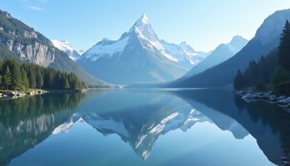 Fototapeta premium Mountain Landscape with Snow Peaks and Lake Reflection