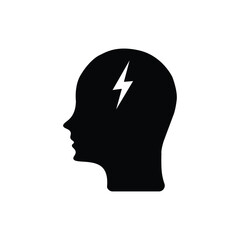 Silhouette of a human head profile with a lightning bolt inside, representing a concept of energy, mental focus, stress, headache, or powerful thinking. Perfect for health or psychology themes.
