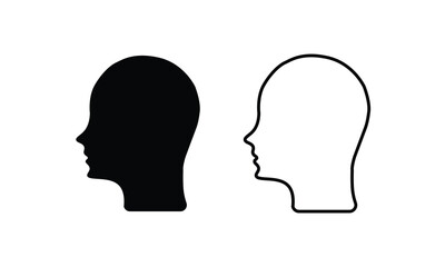 Minimalist vector illustration of two human head profiles—one solid black and one outlined. Ideal for concepts like psychology, identity, decision-making, and comparison.