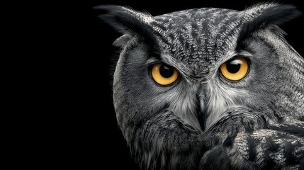 Obraz premium Gray Owl Closeup Portrait Against Black Background