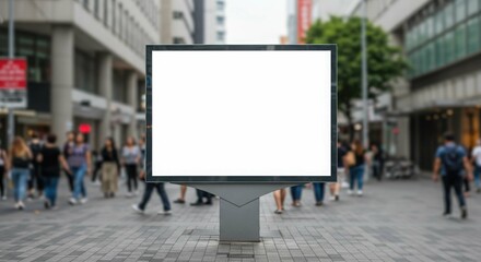 Fototapeta premium A blank billboard stands on a city street with blurred pedestrians and buildings in the background.
