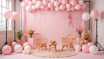 Children's birthday celebration decoration decorated with pink and white balloons, a touch of beautiful flowers in a vase.