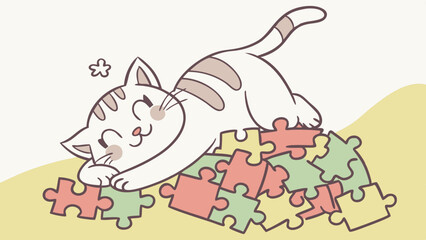 Cute cat lying on colorful puzzle pieces in playful pose  