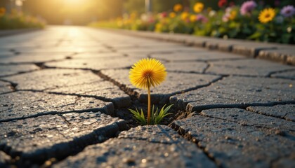 A single yellow dandelion blooms along the garden path in the morning.