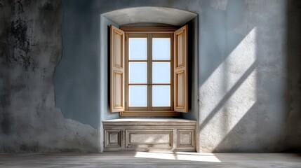Fototapeta premium Bright Interior Window with Open Shutters and Natural Light Play
