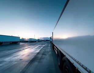 Trucks parked at sunrise in industrial setting with clear sky