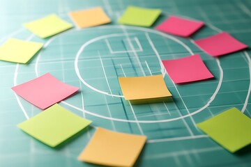Fototapeta premium Circular Arrangement: Colorful Notes on Drafting Paper, Planning Concept.
