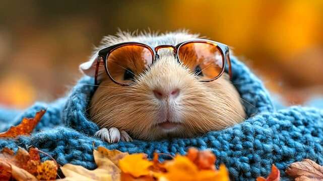 Guinea pig wearing sunglasses and a knitted scarf amidst autumn leaves.
