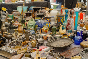 flea market on a sunny day in the streets of Paris , France