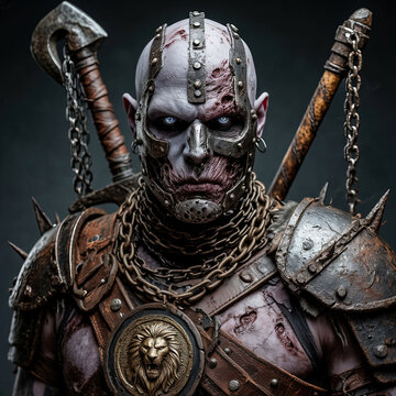 The hero of the gameshooter. An undead warrior in combat gear and with a weapon. Portrait of a monster.
