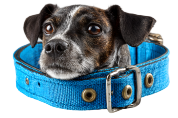 Closeup of a dogs face peeking over a blue collar