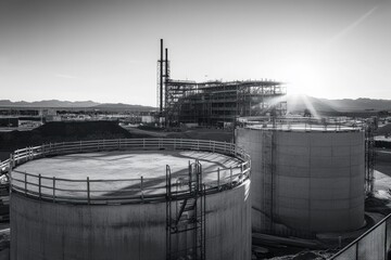 Obraz premium Industrial scene with storage tanks and construction in black and white
