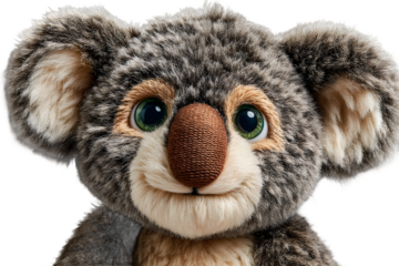 Closeup of a fluffy koala plush toy with big green eyes