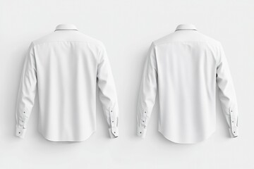 Set of white plain shirt mockups, front and back views isolated on a light background, with copy space for design presentation. White men's dress button-up shirts with long sleeves template mock-up co
