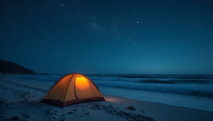 Camping Tent on Beach Under Starry Night Sky