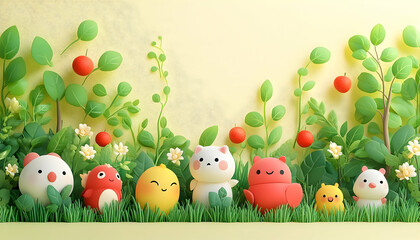 Cute, colorful, cartoonish animals nestled in green grass and foliage with tiny apples on a pale yellow background