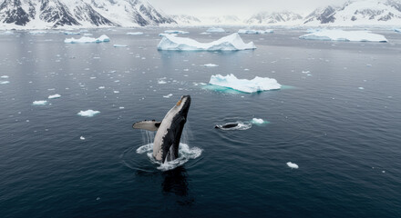 Humpback whale breaching near icebergs in Arctic or Antarctic ocean. Wildlife, nature, marine concept.