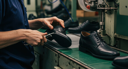 Close up of artisan hands shaping a shoe in a footwear factory. Craftsmanship, manufacturing, detail concept.