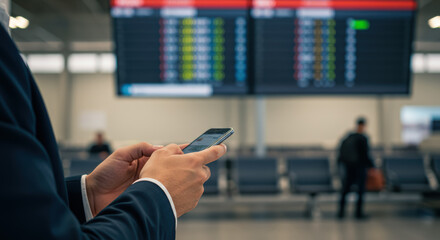 Close up of man's hands using smartphone at airport, flight information display blurred. Travel, mobile, connectivity concept.