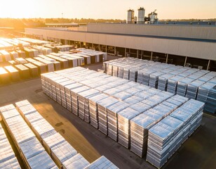 Aerial view of industrial warehouse with stacked materials at sunset