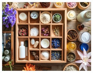 Organized natural ingredients in wooden tray for aromatherapy and wellness