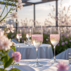 romantic outdoor wedding table with white cloth champagne glass garden floral decor elegant celebration peaceful sunlight natural beauty romantic wallpaper background