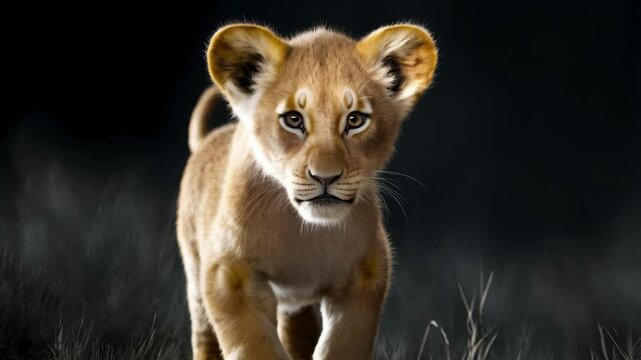 Young lion cub walking forward in low grass against dark background, small wild cat prowling on ground, feline in nature