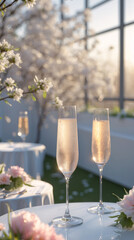 wedding table champagne flute floral decor white cloth setup garden background outdoor romantic elegant celebration under sunny weather romantic wallpaper background