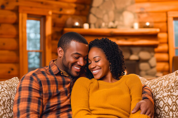 Fototapeta premium A couple is sitting on a couch, smiling and hugging each other