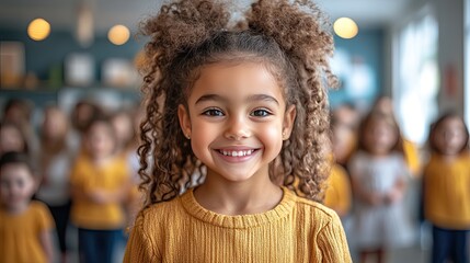Happy girl with school group background.