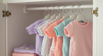 A closet filled with tiny baby clothes on miniature hangers, sorted neatly by color
