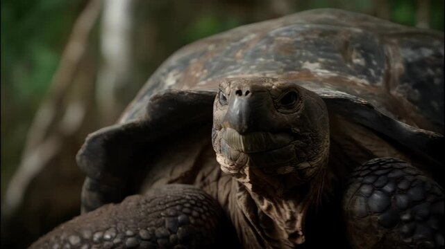 Portrait of a Giant Tortoise in a Lush Natural Habitat. Close up look at the face, textured skin, and large shell of this ancient animal.