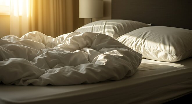 An unmade bed with tangled sheets and pillows bathed in morning sunlight through a nearby window
