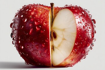 A sliced red apple glistens with water droplets against a crisp white background