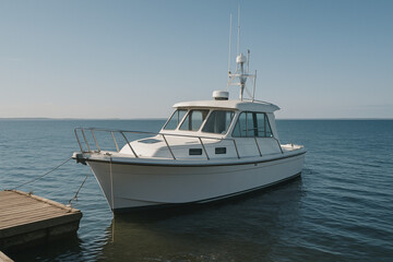 Fototapeta premium White motorboat docked at wooden pier on tranquil lake under bright blue sky with distant horizon