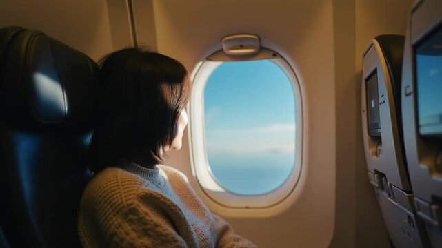 Female passenger looking out the window of an airplane	
