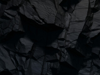 Volumetric rock texture with cracks. Black stone background with copy space for design. 